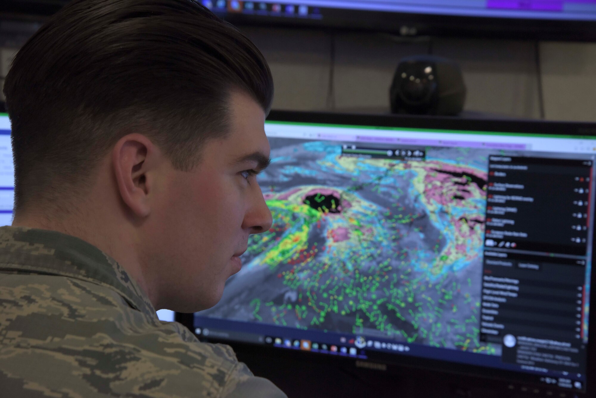 U.S. Air Force Senior Airman Austin Denney, 100th Operation Support Squadron weather journeyman, plans for an upcoming weather brief at RAF Mildenhall, England, Feb. 1, 2018. The weather briefs contain information about what the weather is going to be like during the air refueling mission. (U.S. Air Force photo by Senior Airman Kelly O’Connor)