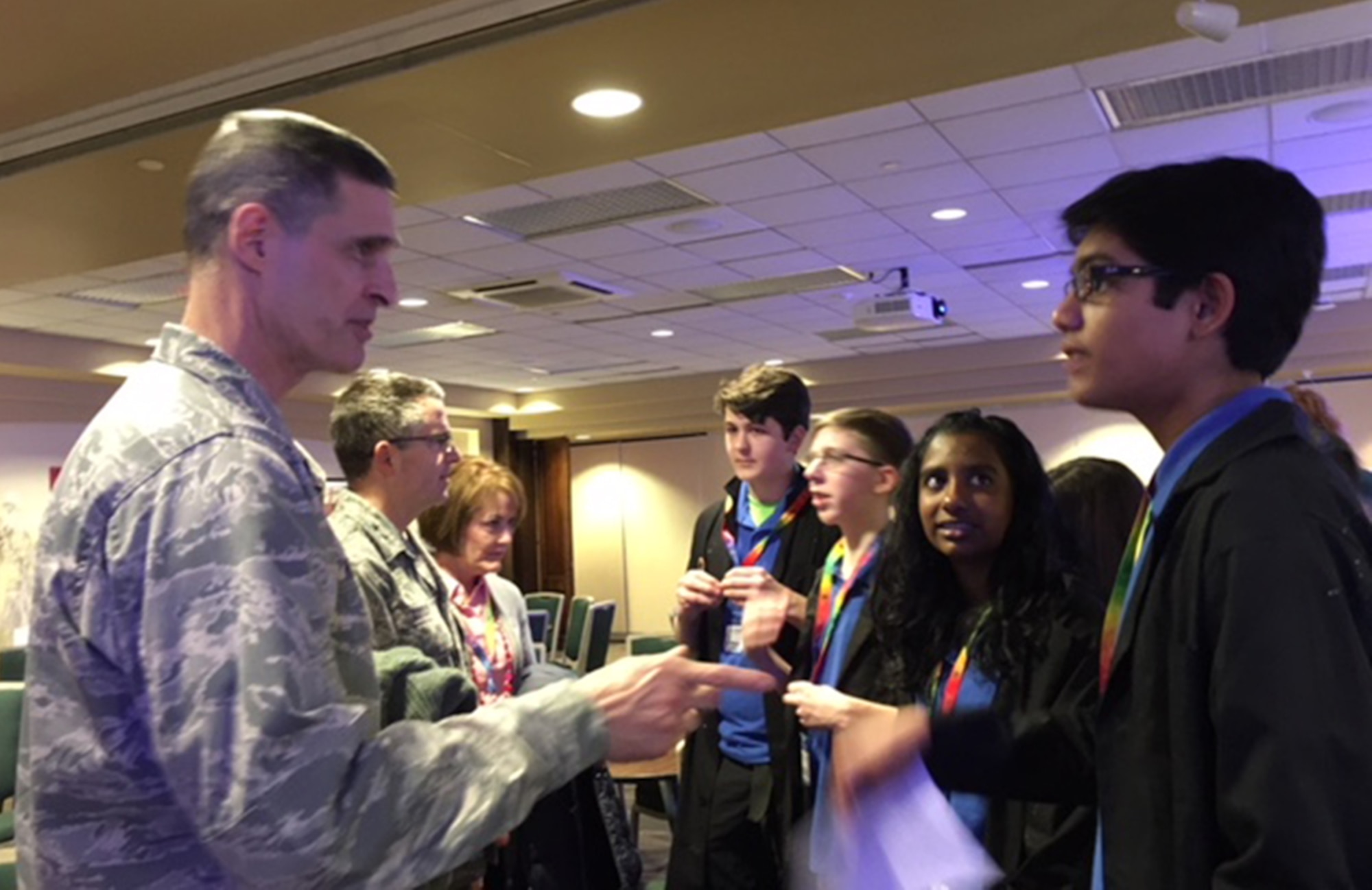 Students involved in the FIRST LEGO League competitions engaged with multiple senior leaders from Wright-Patterson Air Force Base Feb. 4 at Wright State University, including Brig. Gen. Mark Koeniger,711th Human Performance Wing commander. (U.S. Air Force photo/Marie Vanover)