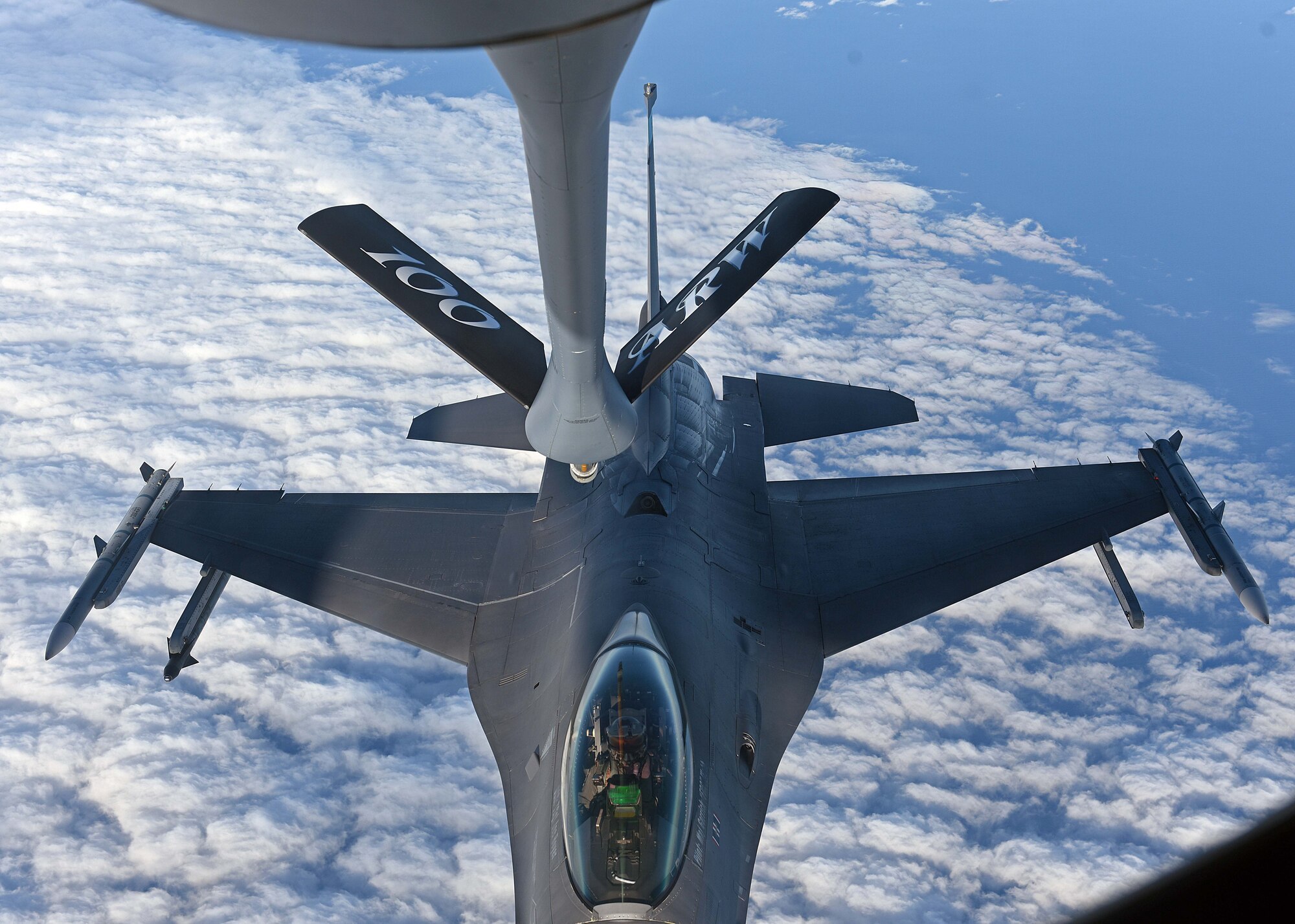 A U.S. Air Force F-16C Fighting Falcon prepares to receive fuel during air refueling training in Swedish airspace, Feb. 8, 2018. The training was in conjunction with a rotational deployment of F-16Cs from the Ohio Air National Guard’s 180th Fighter Wing to Amari Air Base, Estonia, as part of a Theater Security Package. (U.S. Air Force photo by Airman 1st Class Luke Milano)