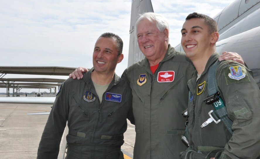 Longtime friend and mentor Col. William Rial (USAF retired) congratulates the Mirarchis after the fini flight. (U.S. Air Force photo by Debbie Gildea)