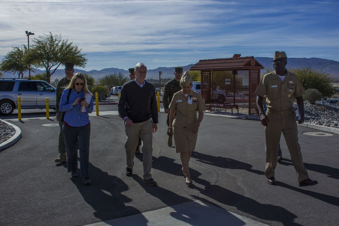 The Honorable Richard V. Spencer, Secretary of the Navy begins the tour of Robert E. Bush Naval Hospital aboard the Marine Corps Air Ground Combat Center, Twentynine Palms, Calif., Feb. 2, 2018. Secretary Spencer visited the Combat Center during his West Coast installation tour. (U.S. Marine Corps photo by Pfc. Rachel K. Porter)