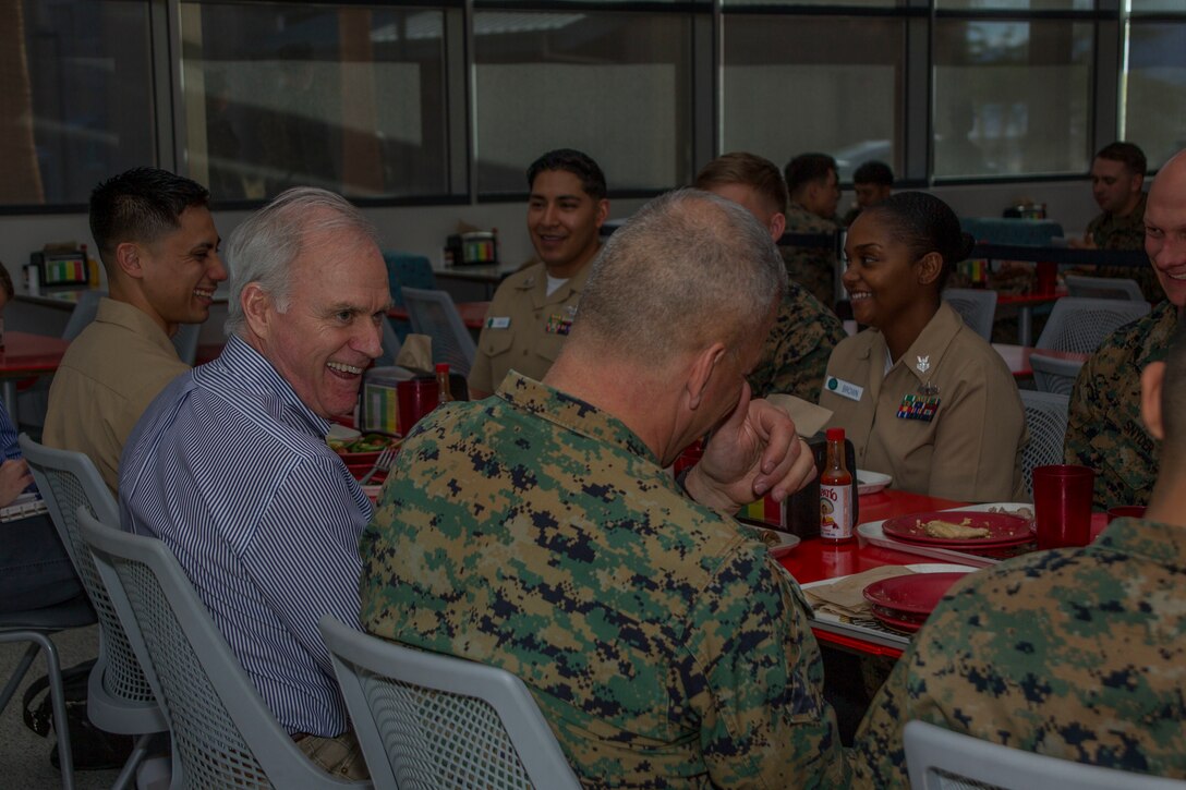 The Honorable Richard V. Spencer, Secretary of the Navy has lunch with Marines and sailors at Dunham Hall aboard the Marine Corps Air Ground Combat Center, Twentynine Palms, Calif., Feb. 2, 2018. Secretary Spencer visited the Combat Center during his West Coast installation tour. (U.S. Marine Corps photo by Pfc. Rachel K. Porter)