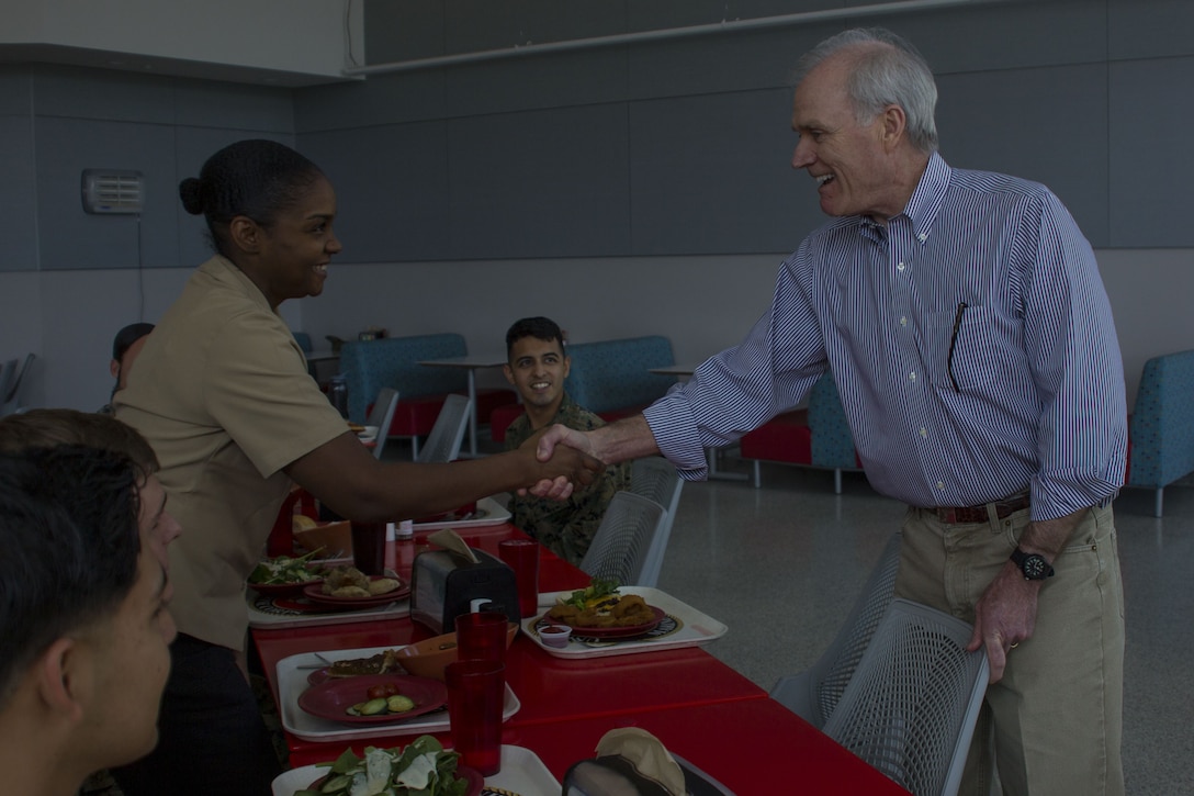The Honorable Richard V. Spencer, Secretary of the Navy meets with Marines and sailors for a lunch held in Dunham Hall aboard the Marine Corps Air Ground Combat Center, Twentynine Palms, Calif., Feb. 2, 2018. Secretary Spencer visited the Combat Center during his West Coast installation tour. (U.S. Marine Corps photo by Pfc. Rachel K. Porter)