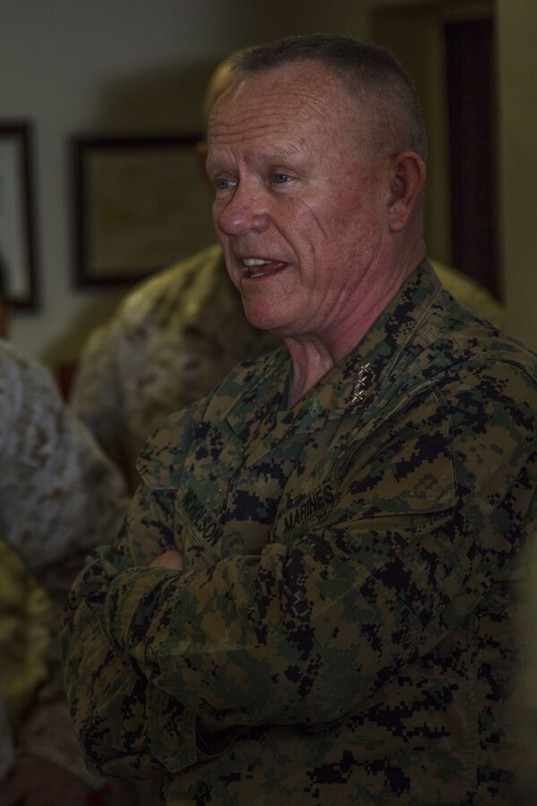 Lt. Gen. Lawrence D. Nicholson, III Marine Expeditionary Force Commanding General, gives a speech to the Marines of III MEF before the execution of the Rehearsal of Concept walk at the Tactical Training Exercise Control Group building aboard the Marine Corps Air Ground Combat Center, Twentynine Palms, Calif., Jan. 31, 2018. ROC walks are a form of practice for intensive strategy and quick thinking. (U.S. Marine Corps photo by Pfc. Rachel K. Porter)