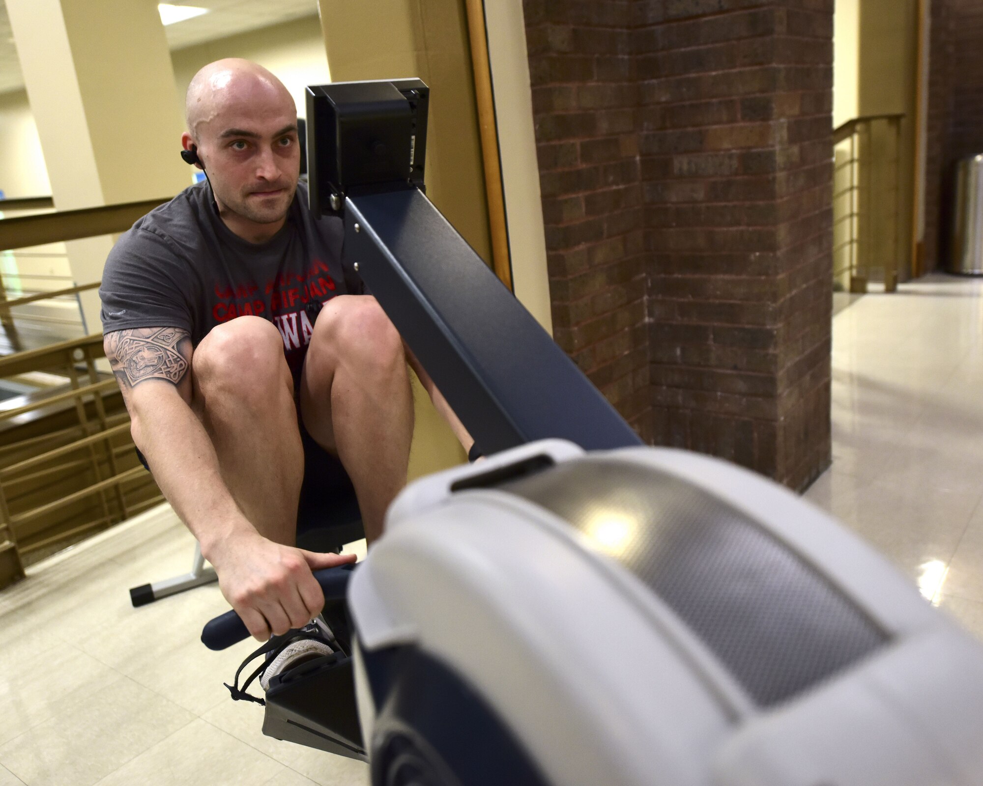 U.S. Air Force Capt. Scott Engman, a Base vs. Base Rowing Challenge participant from the 509th Logistics Readiness Squadron, uses one of designated rowing machines for the competition hosted by the Fitness Center at Whiteman Air Force Base, Mo., Feb. 1, 2018. Each meter rowed will contribute to the overall base average to compete against five other Air Force Global Strike Command bases to win the first Base vs. Base Rowing Challenge Traveling Trophy.