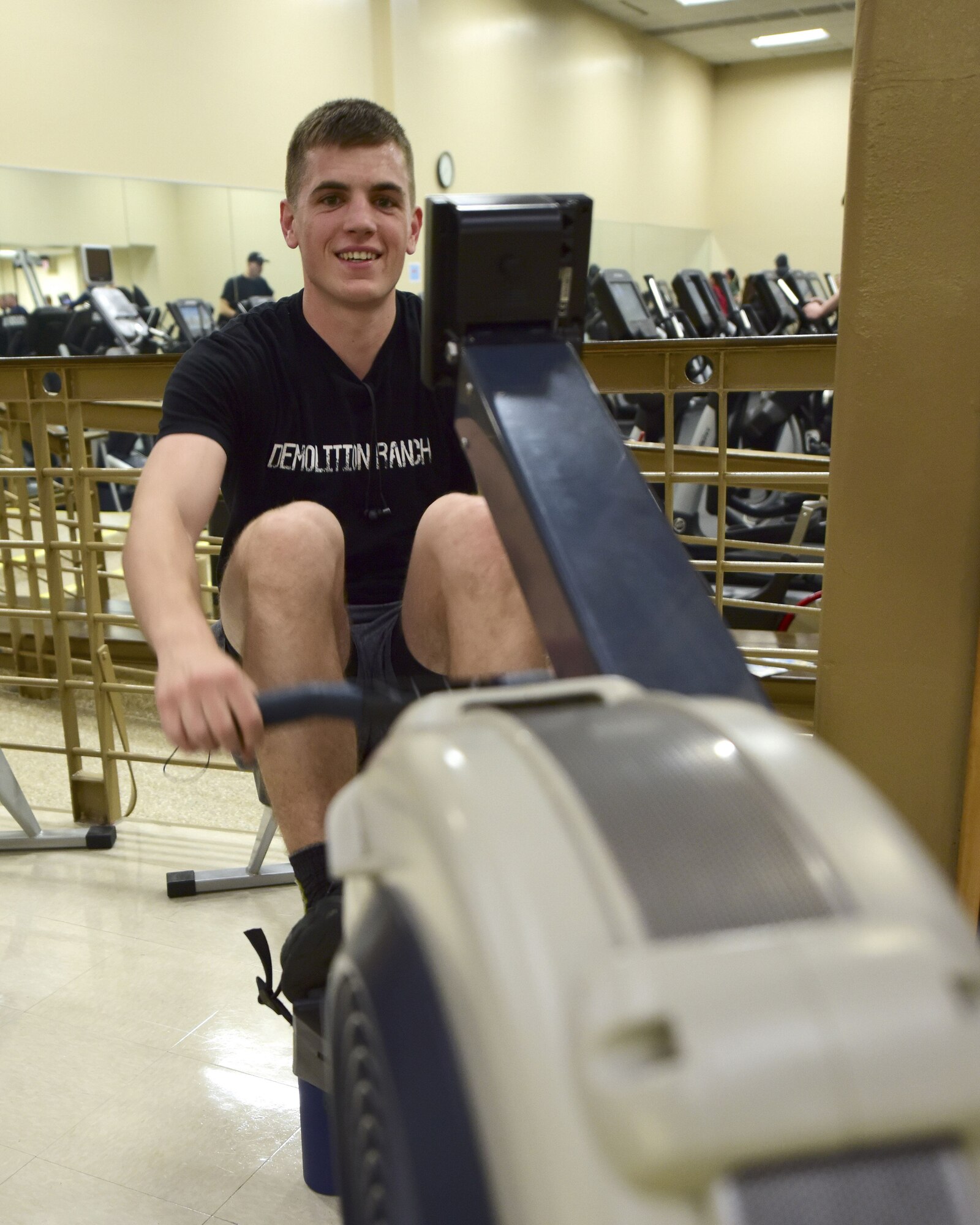 U.S. Air Force Senior Airman Jared Gerlach, the 2017 male rowing challenge winner from the 509th Aircraft Maintenance Squadron, uses an air rower during the Base vs. Base Rowing Challenge opening ceremony at Whiteman Air Force Base, Mo., Feb. 1, 2018. Although the 2018 competition is against other bases within the Air Force Global Strike Command, squadron and individual trophies will still be awarded.