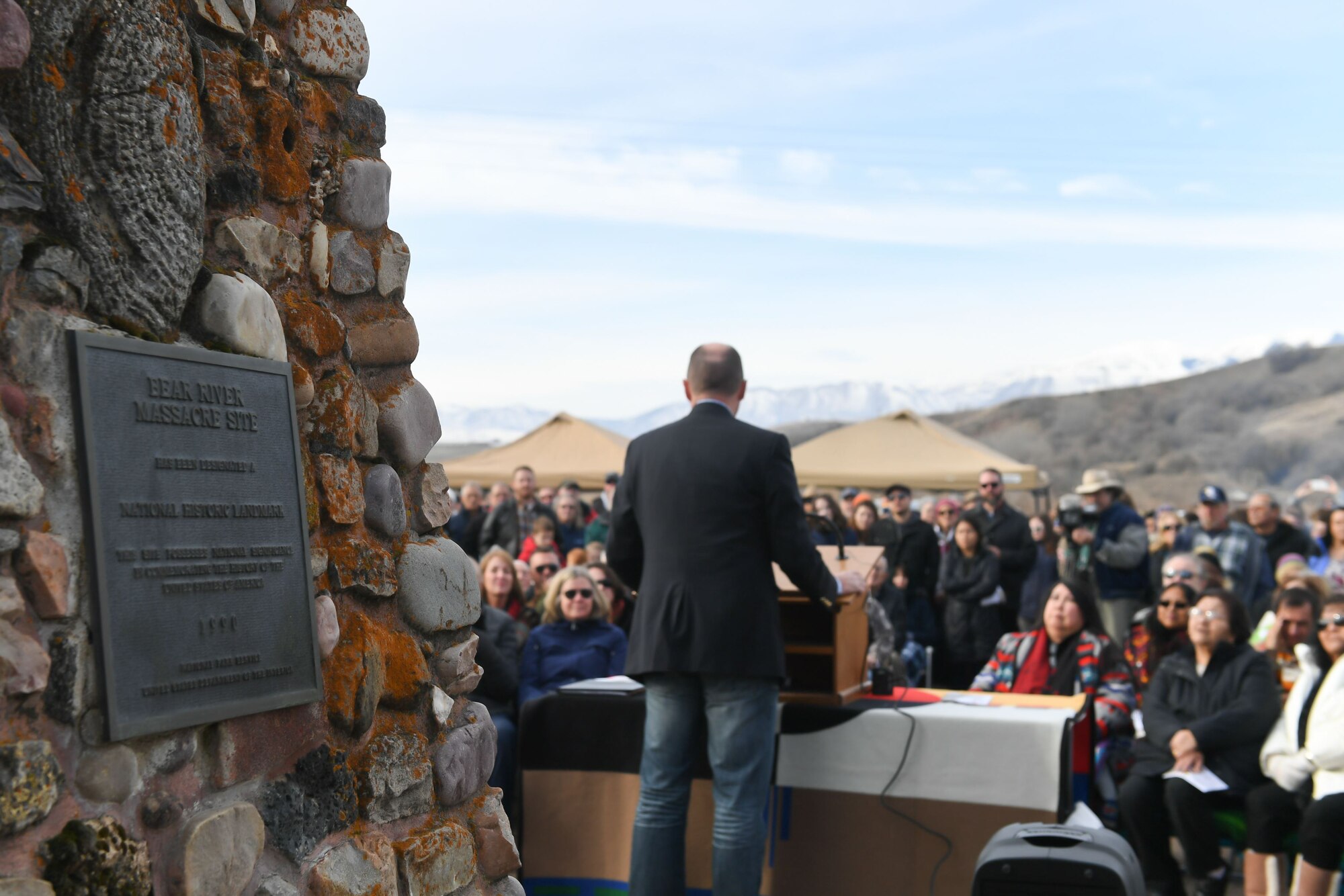 Lt. Governor Spencer Cox speaks during a remembrance ceremony of the Bear River Massacre near Preston, Idaho. (U.S. Air Force photo by Cynthia Griggs)