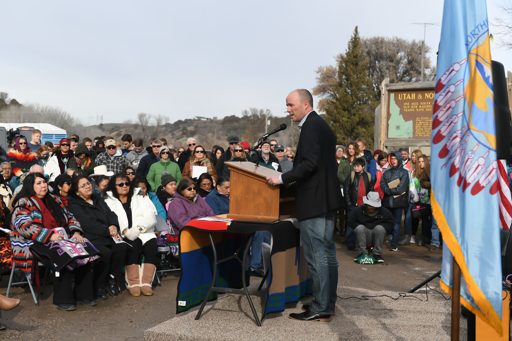 Lt. Governor Spencer Cox speaks during a remembrance ceremony of the Bear River Massacre near Preston, ID. (U.S. Air Force photo by Cynthia Griggs)