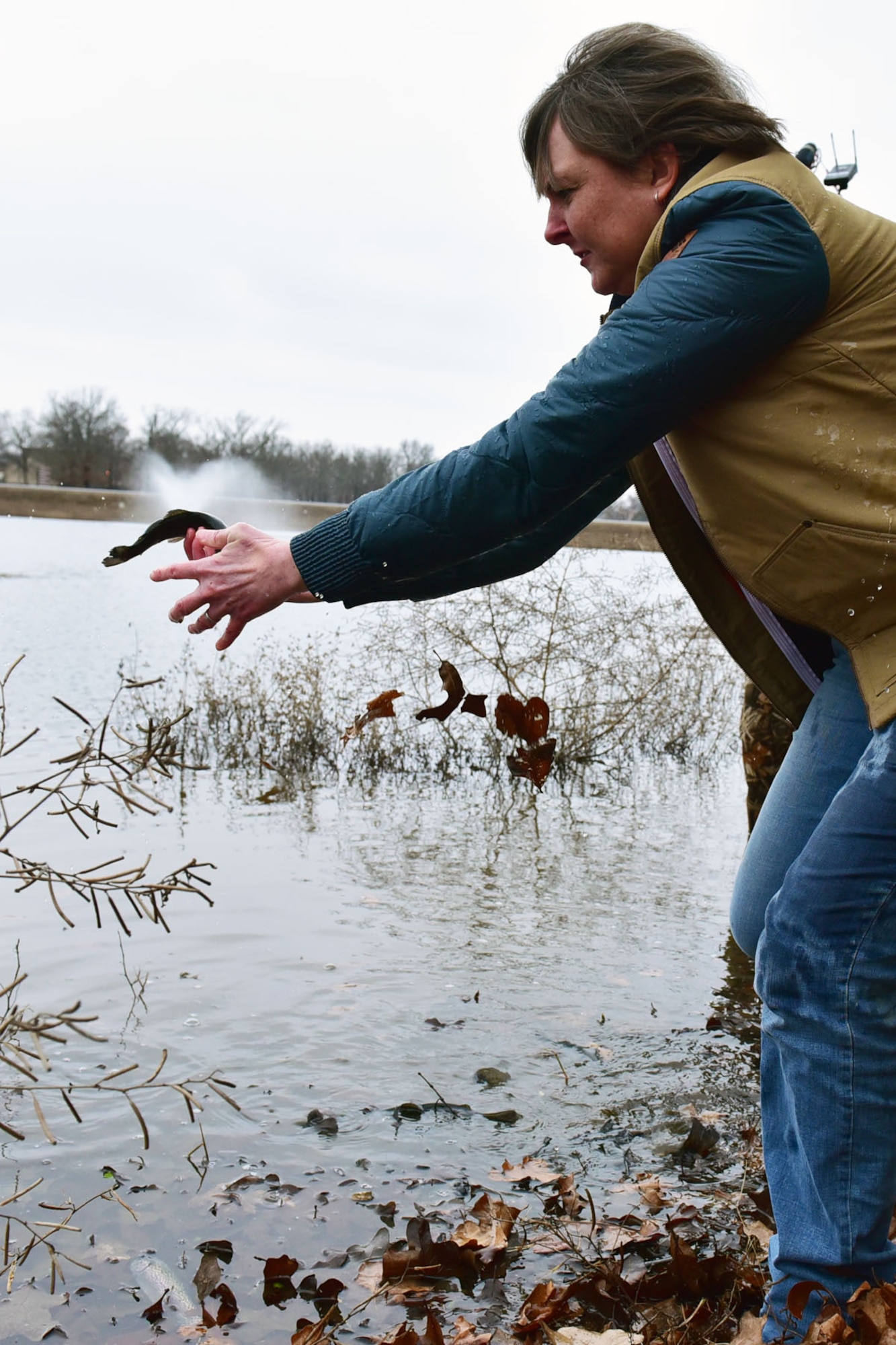 Dana Hardage, natural resources manager, Arkansas Game & Fish Commission, Fisheries Division, ensures that one of more than 500 trout make it into a small lake on Little Rock Air Force Base, Ark., Feb. 6, 2018. Trout are not native to Arkansas, and more than 65,000 catchable-sized rainbow trout are stocked each winter from November through March across the state in Family and Community Fishing Program destinations. (U.S. Air Force photo by Airman 1st Class Rhett Isbell/Released)