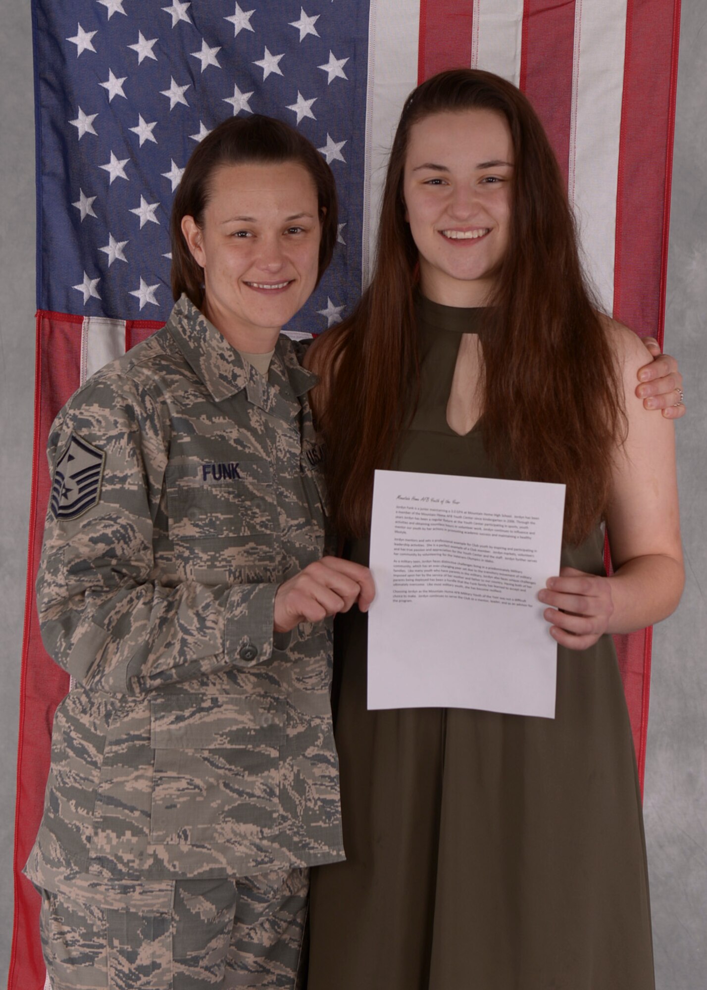 Master Sergeant Christy Funk poses with her daughter Jordyn Funk, the military youth of the year for the state of Idaho. Funk moves on to the regional stage held in Atlanta, GA.(U.S. Air Force photo by Airman 1st Class Jeremy D. Wolff)