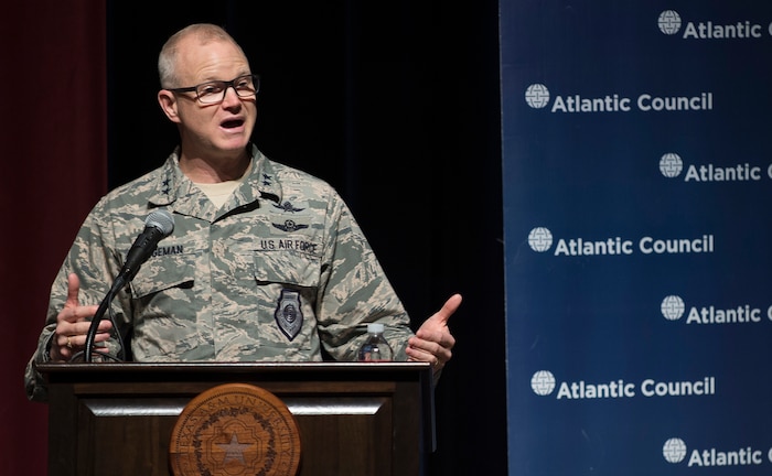 Maj. Gen. Chris Weggeman, Air Forces Cyber commander, provides closing remarks during a cybersecurity conference Feb. 8, 2018, at Texas A&M University-San Antonio. Several cybersecurity industry experts, policy makers and stakeholders also spoke during the event, which was hosted by Atlantic Council, Victor Pinchuk Foundation and Texas A&M University-San Antonio. (U.S. Air Force photo by Tech. Sgt. R.J. Biermann)