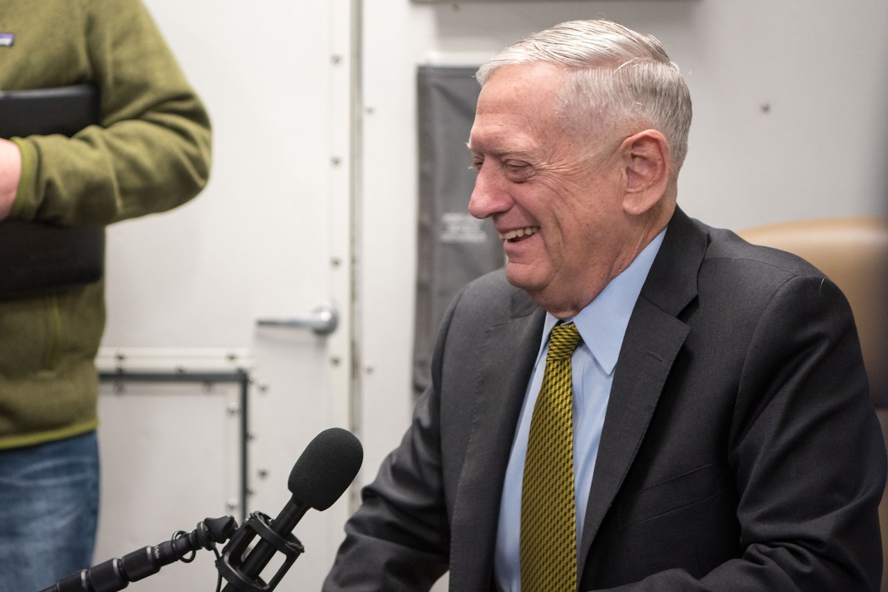 Defense Secretary James N. Mattis speaks with reporters while en route to Indonesia.