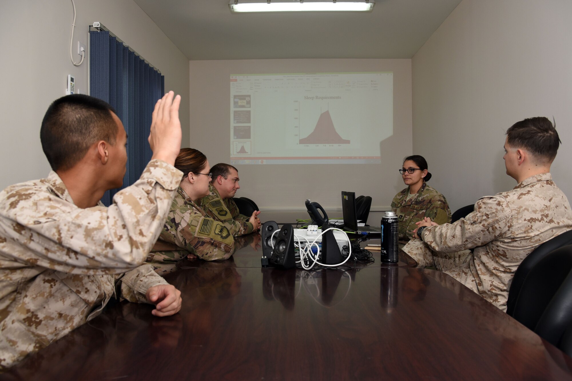 A Sailor raises his hand in response to a question during a 332nd Expeditionary Medical Group sleep enhancement class at the base clinic in an undisclosed location Feb. 7. The Mental Health section runs the class every Wednesday at 2 p.m. for all service members and base contractors who want to learn tips on improving sleep, common myths about sleep, and individualized sleep plans and recommendations.  (U.S. Air Force photo by Staff Sgt. Joshua Edwards/Released)