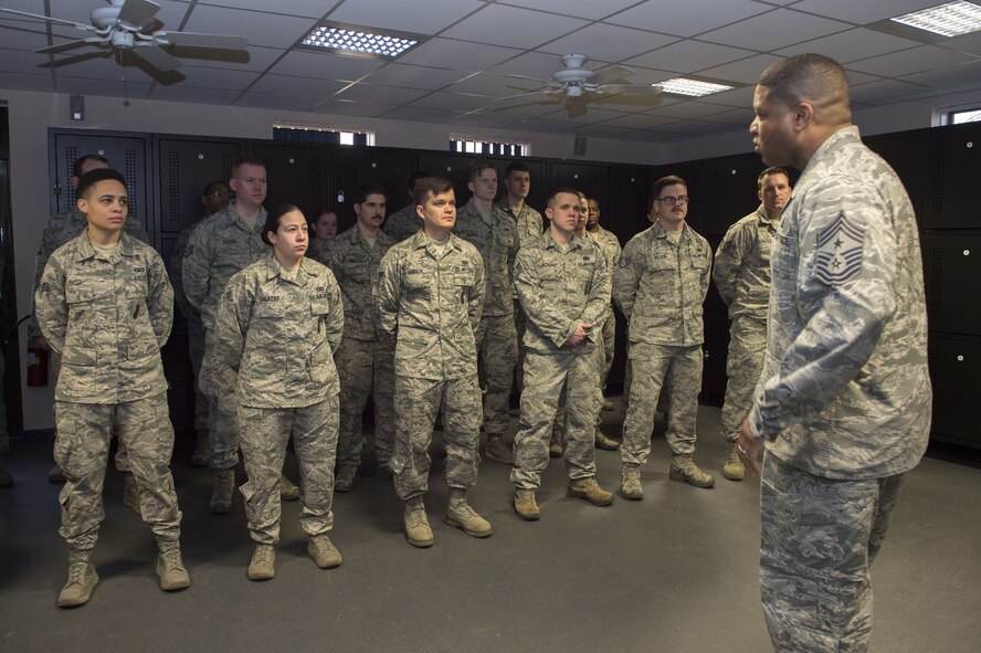 U.S. Air Force Chief Master Sgt. Phillip Easton, U.S. Air Forces in Europe and U.S. Air Forces Africa Command Chief Master Sgt., speaks to 423rd Security Forces Airmen at RAF Alconbury, United Kingdom, Feb. 7, 2018. Easton visited various 501st Combat Support Wing agencies to learn the mission and get a broader view of the wing. (U.S. Air Force photo by Senior Airman Chase Sousa)