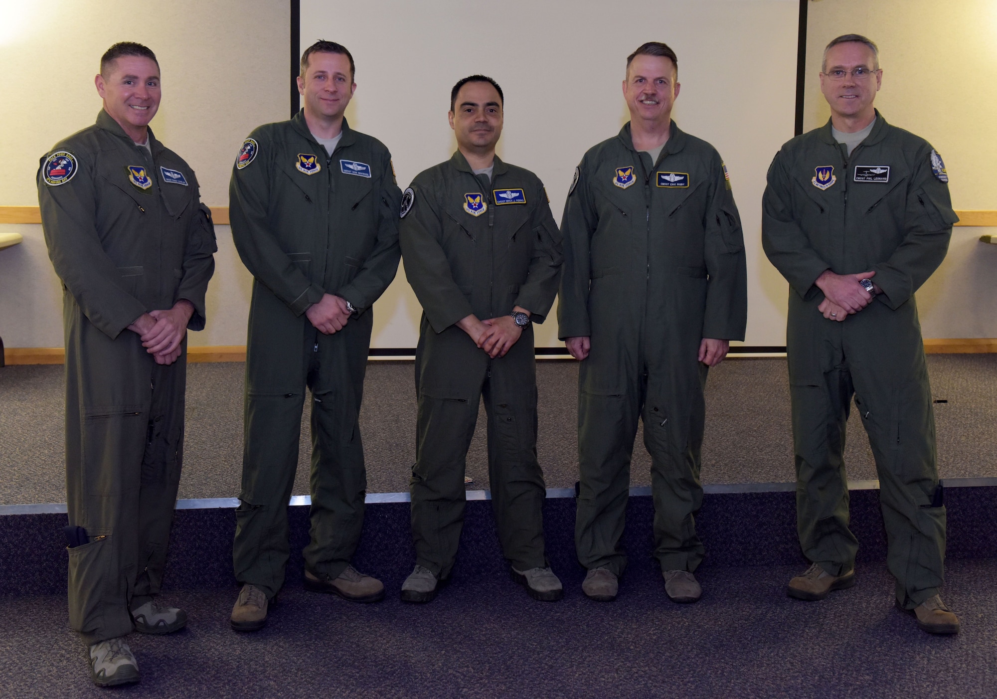 Senior enlisted leaders from the career enlisted aviator career field pose for a photograph during their roadshow at RAF Mildenhall, England, Feb. 8, 2018. The briefings discussed CEA retention issues, incentive programs and cross-training opportunities for Airmen interested in the CEA career fields.  (U.S. Air Force photo by Senior Airman Alexandra West)