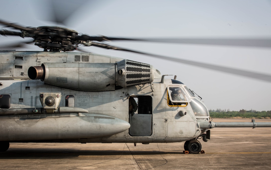 A CH-53E Super Stallion lands on the runway at U-Tapao International Airport, Kingdom of Thailand, Feb. 10, 2018. The U.S. Marines of Marine Heavy Helicopter Squadron 466 ‘Wolfpack’ arrive to the Kingdom of Thailand to participate in Cobra Gold, one of the largest theater security cooperation exercises in the Indo-Asia-Pacific region. The Super Stallion belongs to HMH-466, Marine Aircraft Group 16, 3rd Marine Aircraft Wing, currently forward deployed under the unit deployment program with MAG-36, 1st MAW, based out of Okinawa, Japan. Exercise Cobra Gold 2018 is an annual exercise conducted in the Kingdom of Thailand held from Feb. 13-23 with seven full participating nations.