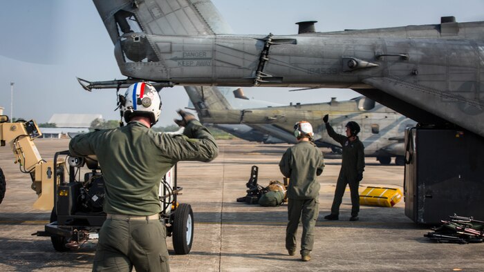 U.S. Marines with Marine Heavy Helicopter Squadron 466 ‘Wolfpack’ unload a CH-53E Super Stallion on the runway at U-Tapao International Airport, Kingdom of Thailand, Feb. 10, 2018. HMH-466 ‘Wolfpack’ arrive to the Kingdom of Thailand to participate in the 37th iteration of Cobra Gold as part of the U.S. Marine Corps Aviation Combat Element. The Super Stallion is assigned to HMH-466, Marine Aircraft Group 16, 3rd Marine Aircraft Wing, currently forward deployed under the unit deployment program with MAG-36, 1st MAW, based out of Okinawa, Japan. Exercise Cobra Gold 2018 is an annual exercise conducted in the Kingdom of Thailand held from Feb. 13-23 with seven full participating nations.