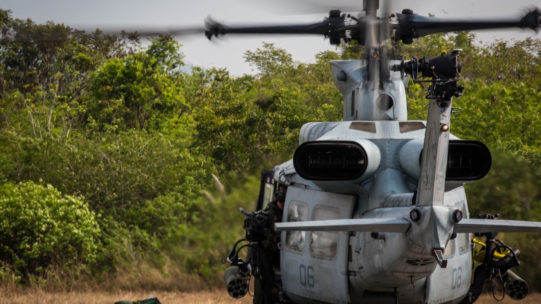 A crew chief disembarks a UH-1Y Venom at U-Tapao International Airport, Kingdom of Thailand, Feb. 10, 2018. Marine Light Attack Helicopter Squadron 369 ‘Gunfighters’ arrive to the Kingdom of Thailand to participate in the 37th iteration of Cobra Gold as part of the U.S. Marine Corps Aviation Combat Element. HMLA-369, Marine Aircraft Group 39, 3rd Marine Aircraft Wing, is currently forward deployed under the unit deployment program with MAG-36, 1st MAW. Exercise Cobra Gold 2018 is an annual exercise conducted in the Kingdom of Thailand held from Feb. 13-23 with seven full participating nations.