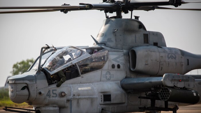 U.S. Marine pilots prepare to disembark an AH-1Z Viper at U-Tapao International Airport, Kingdom of Thailand, Feb. 10, 2018. The Marines of Marine Light Attack Helicopter Squadron 369 ‘Gunfighters’ arrive to the Kingdom of Thailand to participate in Cobra Gold, one of the largest theater security cooperation exercises in the Indo-Asia-Pacific region. HMLA-369, Marine Aircraft Group 39, 3rd Marine Aircraft Wing, is currently forward deployed under the unit deployment program with MAG-36, 1st MAW. Exercise Cobra Gold 2018 is an annual exercise conducted in the Kingdom of Thailand held from Feb. 13-23 with seven full participating nations.