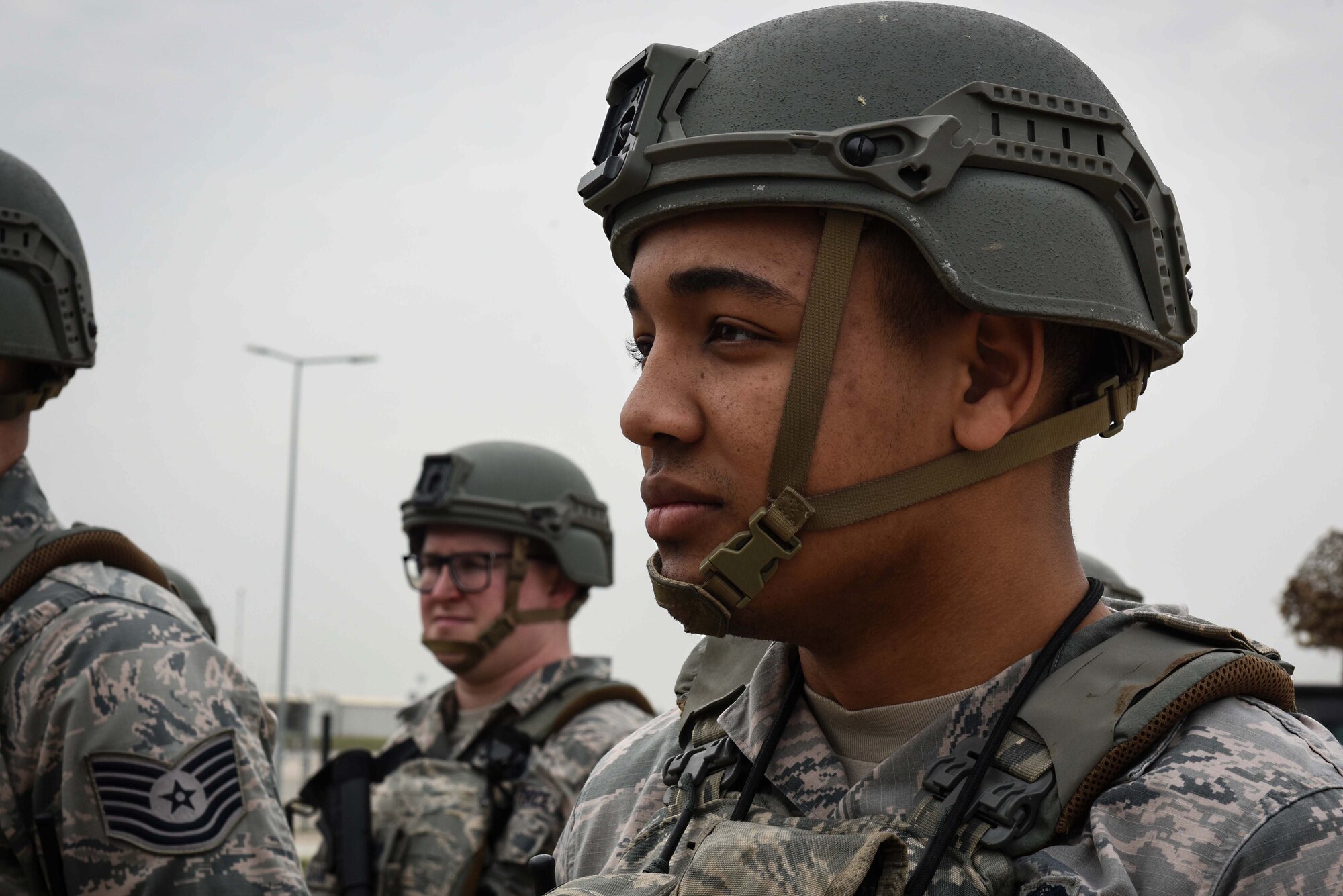 U.S. Air Force Airman 1st Class Austin Bryant, 39th Security Forces Squadron member, listens as Lt. Gen. Richard M. Clark, 3rd Air Force commander, speaks to Airmen at Incirlik Air Base, Turkey, Feb. 9, 2018.