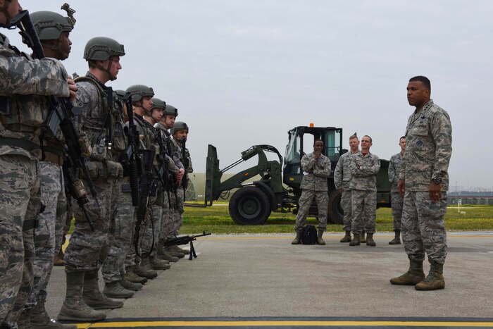 U.S. Air Force Lt. Gen. Richard M. Clark, 3rd Air Force commander, speaks to Airmen assigned to the 39th Security Forces Squadron following a readiness exercise at Incirlik Air Base, Turkey, Feb. 9, 2018.