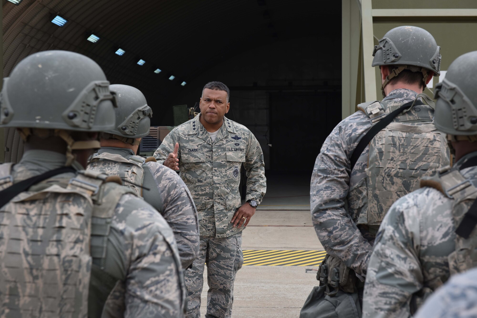 U.S. Air Force Lt. Gen. Richard M. Clark, 3rd Air Force commander, speaks to 39th Security Forces Squadron troops after a readiness exercise at Incirlik Air Base, Turkey, Feb. 9, 2018.