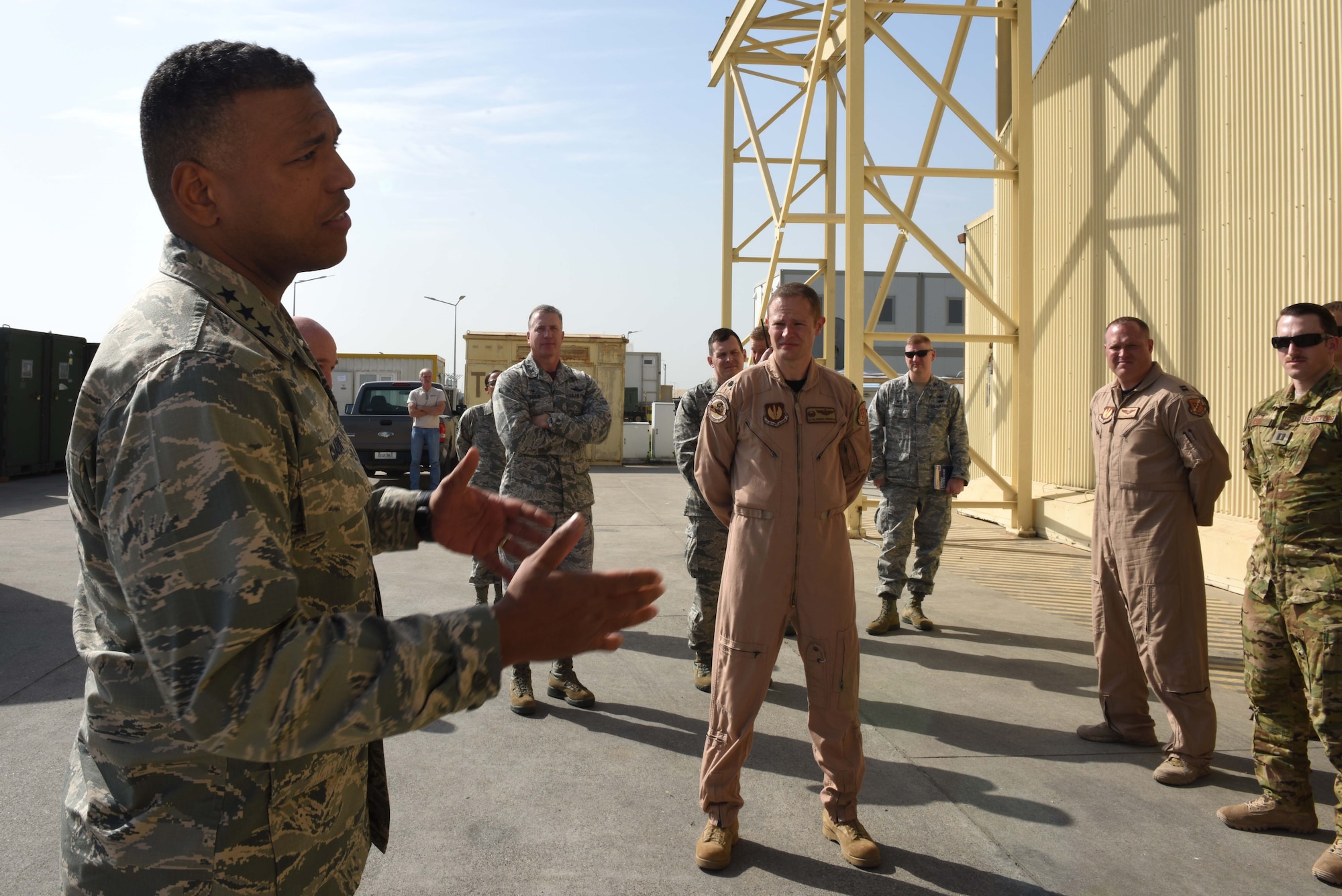 U.S. Air Force Lt. Gen. Richard M. Clark, 3rd Air Force commander, speaks to Airmen assigned to the 414th Expeditionary Reconnaissance Squadron during his visit at Incirlik Air Base, Turkey, Feb. 9, 2018.