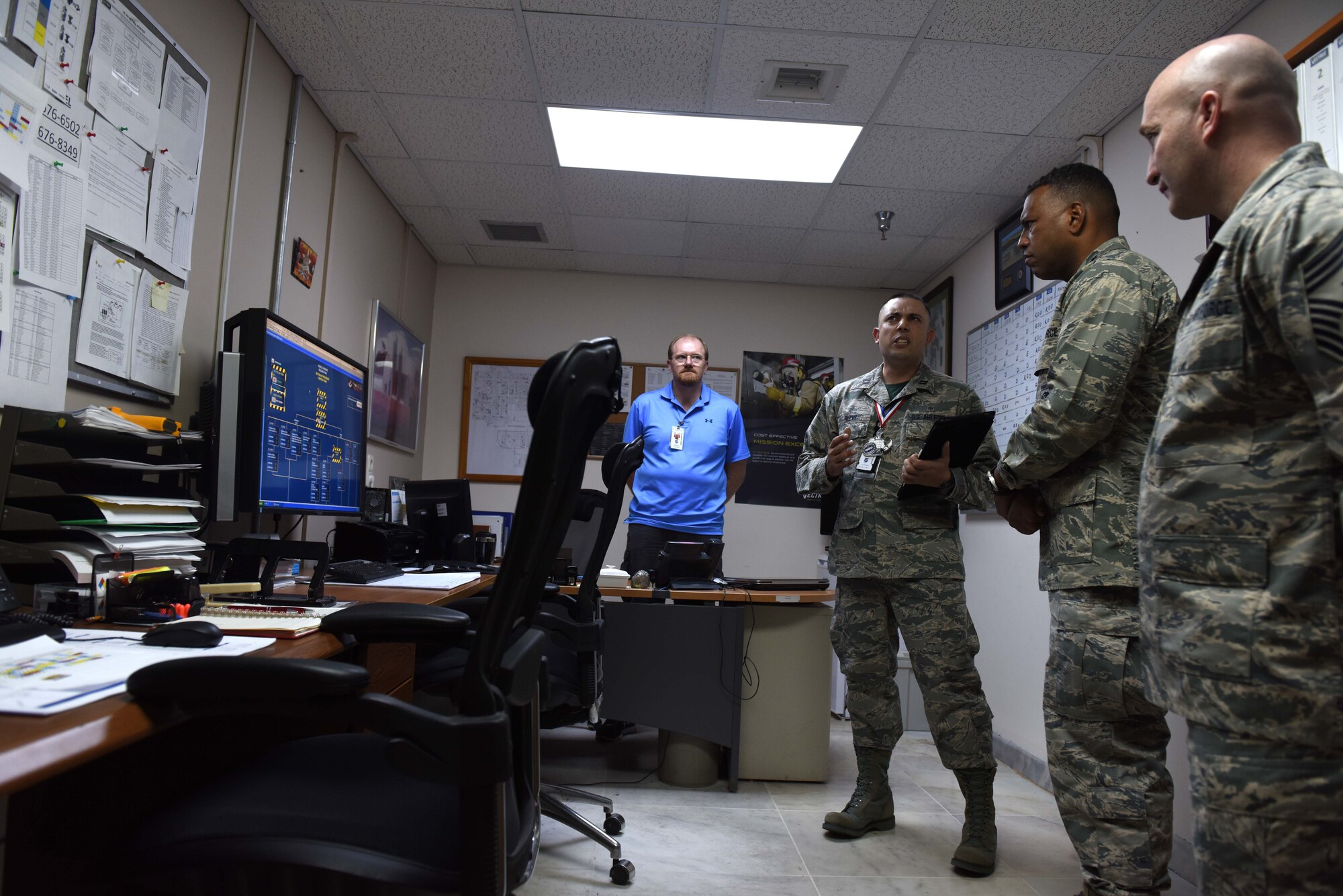 U.S. Air Force Lt. Gen. Richard M. Clark, 3rd Air Force commander, and Chief Master Sgt. Anthony Cruz-Munoz, 3rd Air Force command chief, receive a briefing from 39th Medical Group personnel at Incirlik Air Base, Turkey, Feb. 9, 2018.