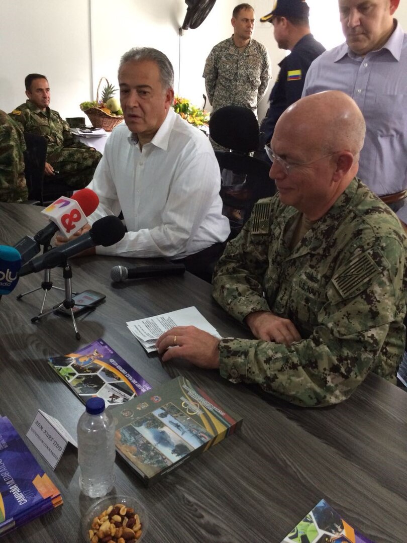 U.S. Navy Adm. Kurt W. Tidd conducts a press briefing with Colombian Vice President Oscar Naranjo