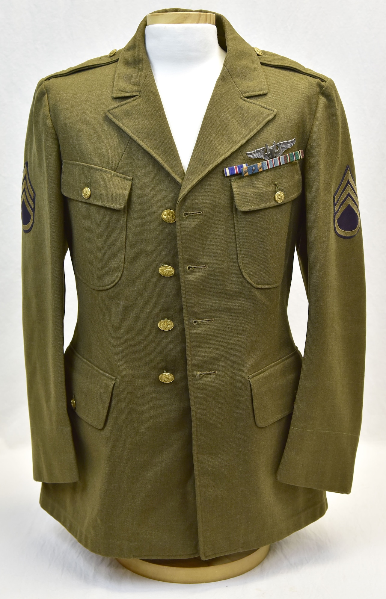 Plans call for this artifact to be displayed near the B-17F Memphis Belle™ as part of the new strategic bombardment exhibit in the WWII Gallery, which opens to the public on May 17, 2018. Memphis Belle waist gunner SSgt E. Scott Miller’s uniform coat. He flew 16 missions with the crew, but did not go on the war bond tour.