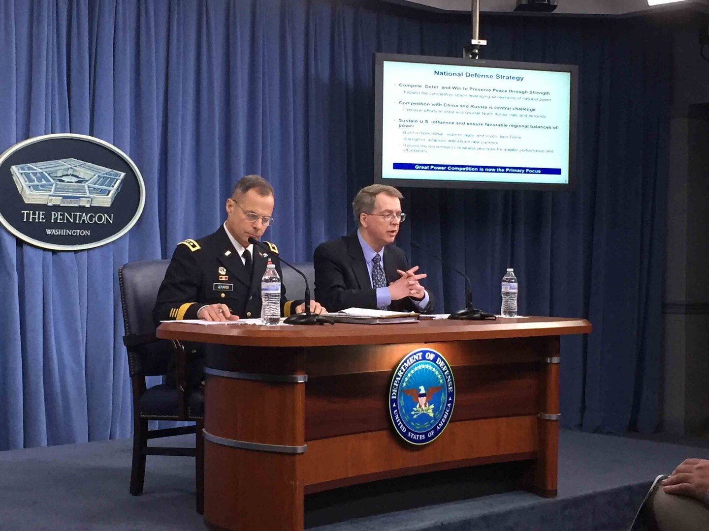 Joint Staff officer and Defense Department comptroller describe the president's fiscal year 2019 defense budget request to reporters at the Pentagon.