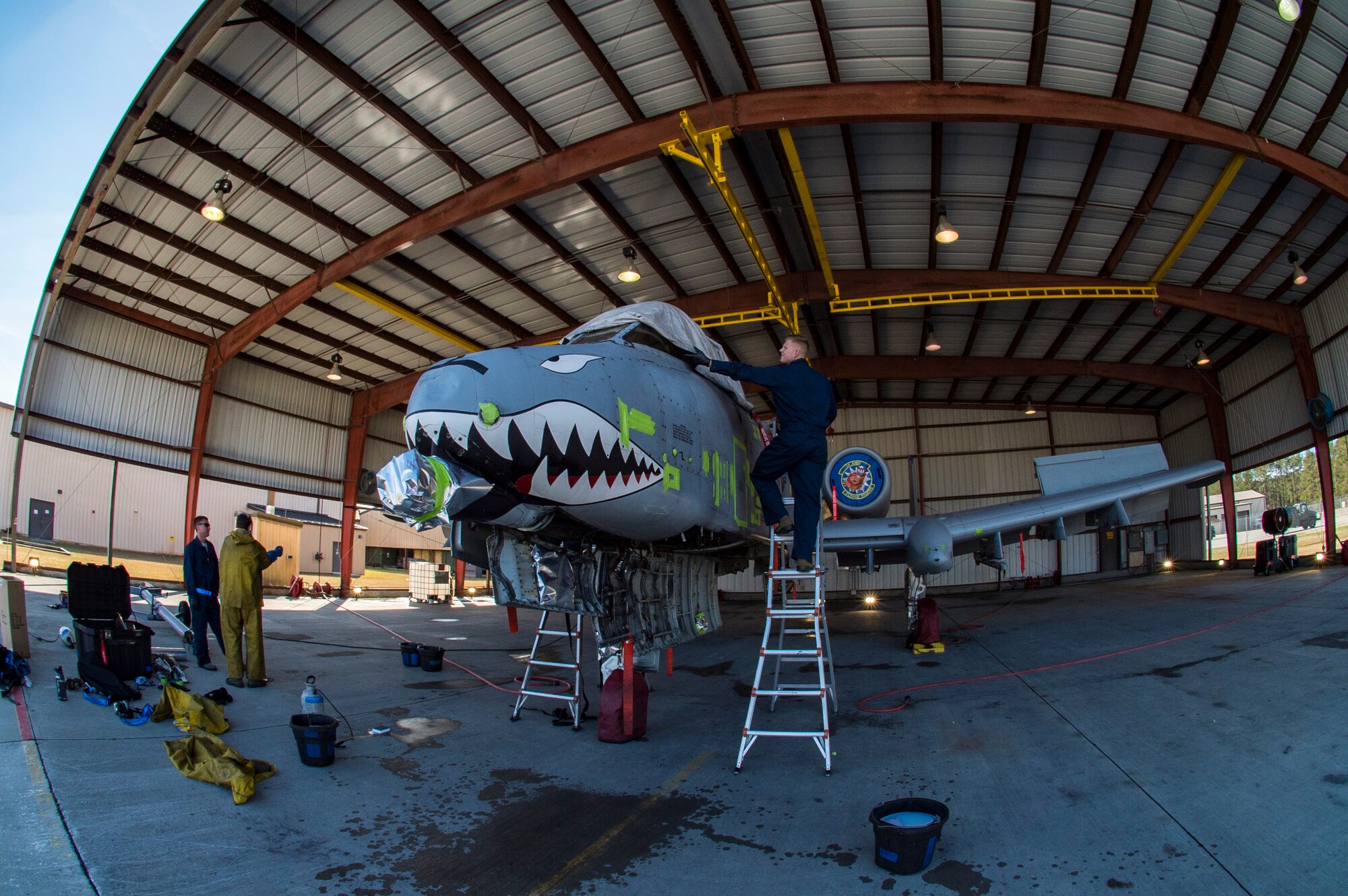 Airmen prepare an A-10C Thunderbolt II for a wash, Feb. 8, 2018, at Moody Air Force Base, Ga.In addition to mechanical and electrical maintenance, A-10’s must be washed every 180 days or approximately 1,000 flying hours in order to control corrosion caused by residue from the gun and engine exhaust. (U.S. Air Force photo by Senior Airman Janiqua P. Robinson)