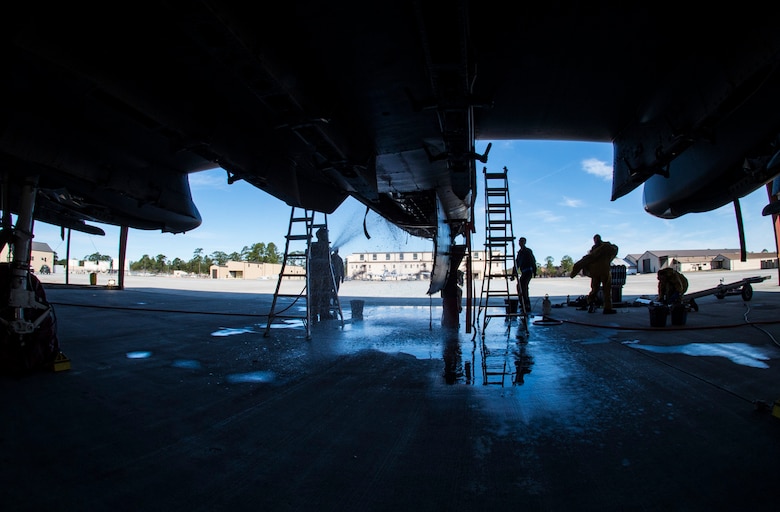 Airmen wash an A-10C Thunderbolt II, Feb. 8, 2018, at Moody Air Force Base, Ga.In addition to mechanical and electrical maintenance, A-10’s must be washed every 180 days or approximately 1,000 flying hours in order to control corrosion caused by residue from the gun and engine exhaust. (U.S. Air Force photo by Senior Airman Janiqua P. Robinson)
