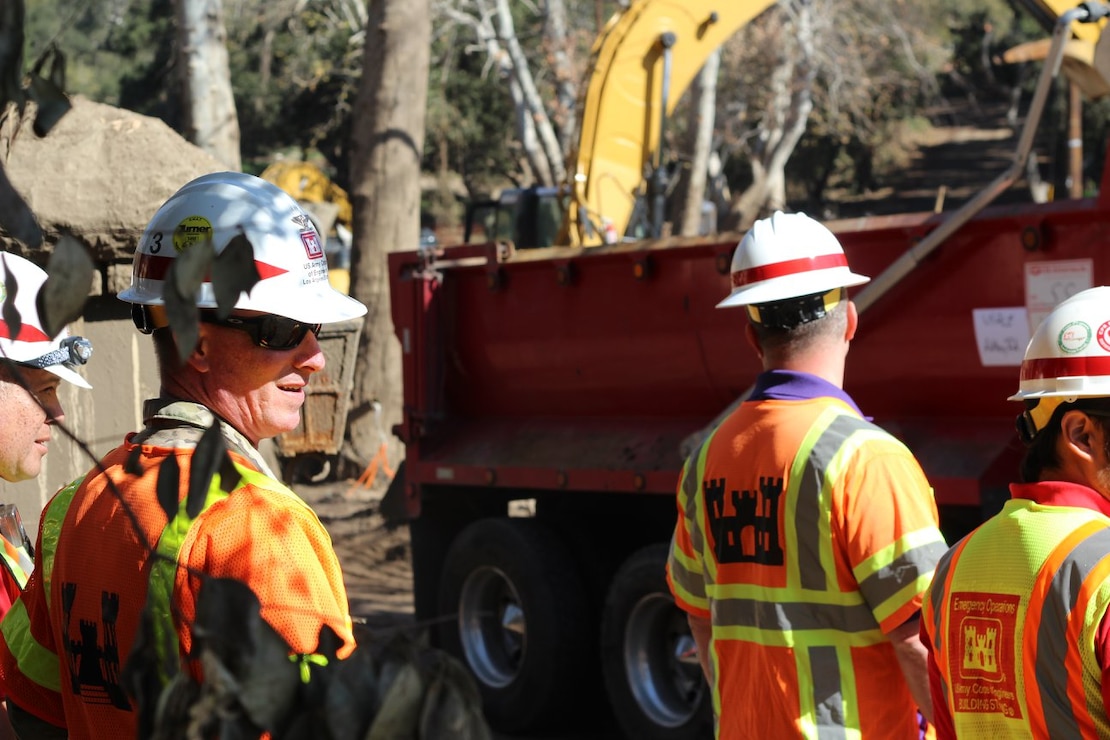 Col. Kirk Gibbs, commander of the U.S. Army Corps of Engineers Los Angeles District, visits Santa Barbara County debris basins Feb. 9. As of Feb. 11; Arroyo Paredon, Toro East, Toro Upper-West, Toro Lower-West, Cold Spring, San Ysidro, Montecito, Franklin, and Gobernador have been cleared. Debris clearance continues in Romero and Santa Monica basins.