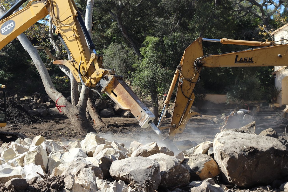 Col. Kirk Gibbs, commander of the U.S. Army Corps of Engineers Los Angeles District, visits Santa Barbara County debris basins Feb. 9. As of Feb. 11; Arroyo Paredon, Toro East, Toro Upper-West, Toro Lower-West, Cold Spring, San Ysidro, Montecito, Franklin, and Gobernador have been cleared. Debris clearance continues in Romero and Santa Monica basins.