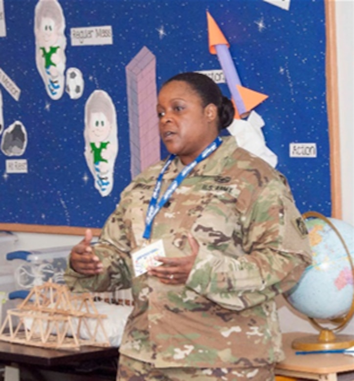 TAM Deputy LTC Taneha Carter discussing engineering and STEM with a group of fifth grade students during their week of exploration and learning at STARBASE Academy, Winchester.