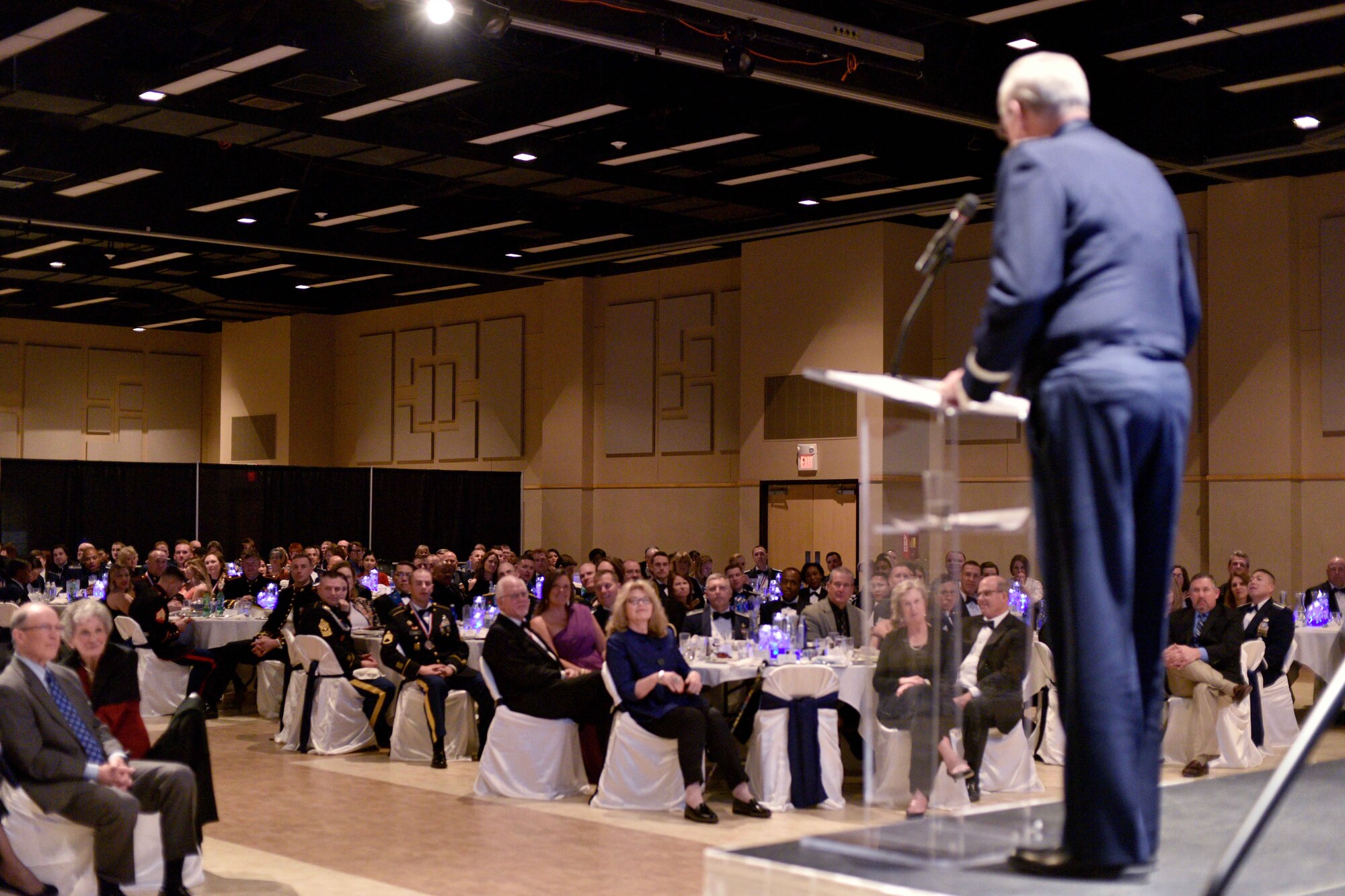 U.S. Air Force retired Lt. Gen. Joe Wherle speaks during the 25th Annual Awards Ceremony at the McNeese Convention Center in San Angelo, Texas, Feb. 9, 2018. Wherle attended the ceremony as a guest speaker and to congratulate the award winners. (U.S. Air Force photo by Senior Airman Randall Moose)