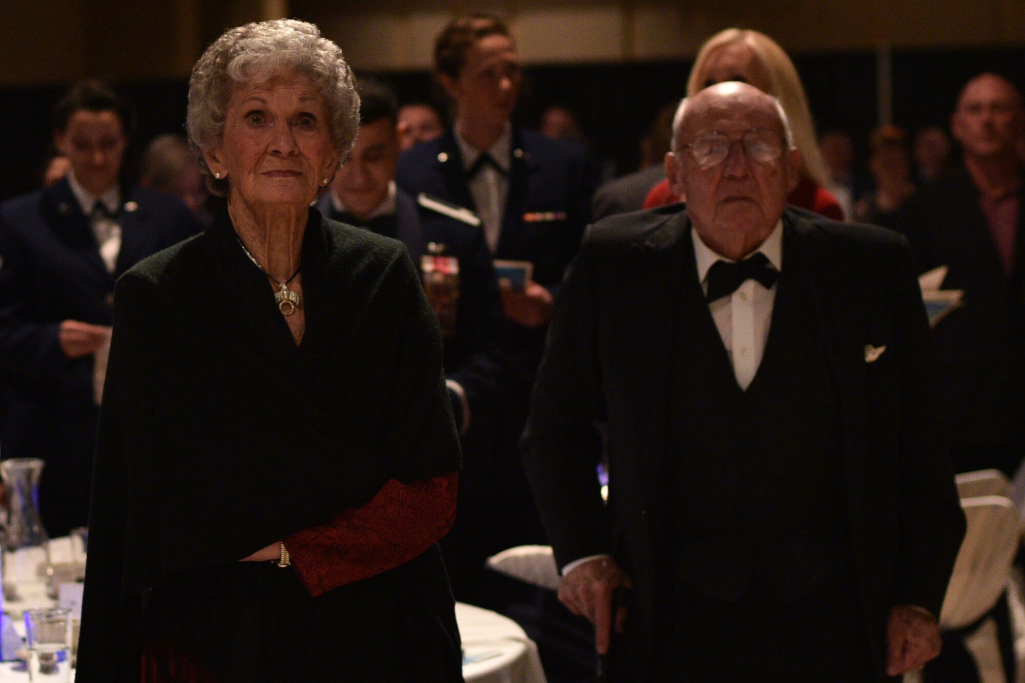 JoAnne Powell and U.S. Air Force retired Col. Charles Powell stand during the 25th Annual Awards Ceremony at the McNeese Convention Center in San Angelo, Texas, Feb. 9, 2018. The Powells have been community leaders for over 30 years after he retired as Goodfellow’s commander in 1984. (U.S. Air Force photo by Senior Airman Randall Moose)