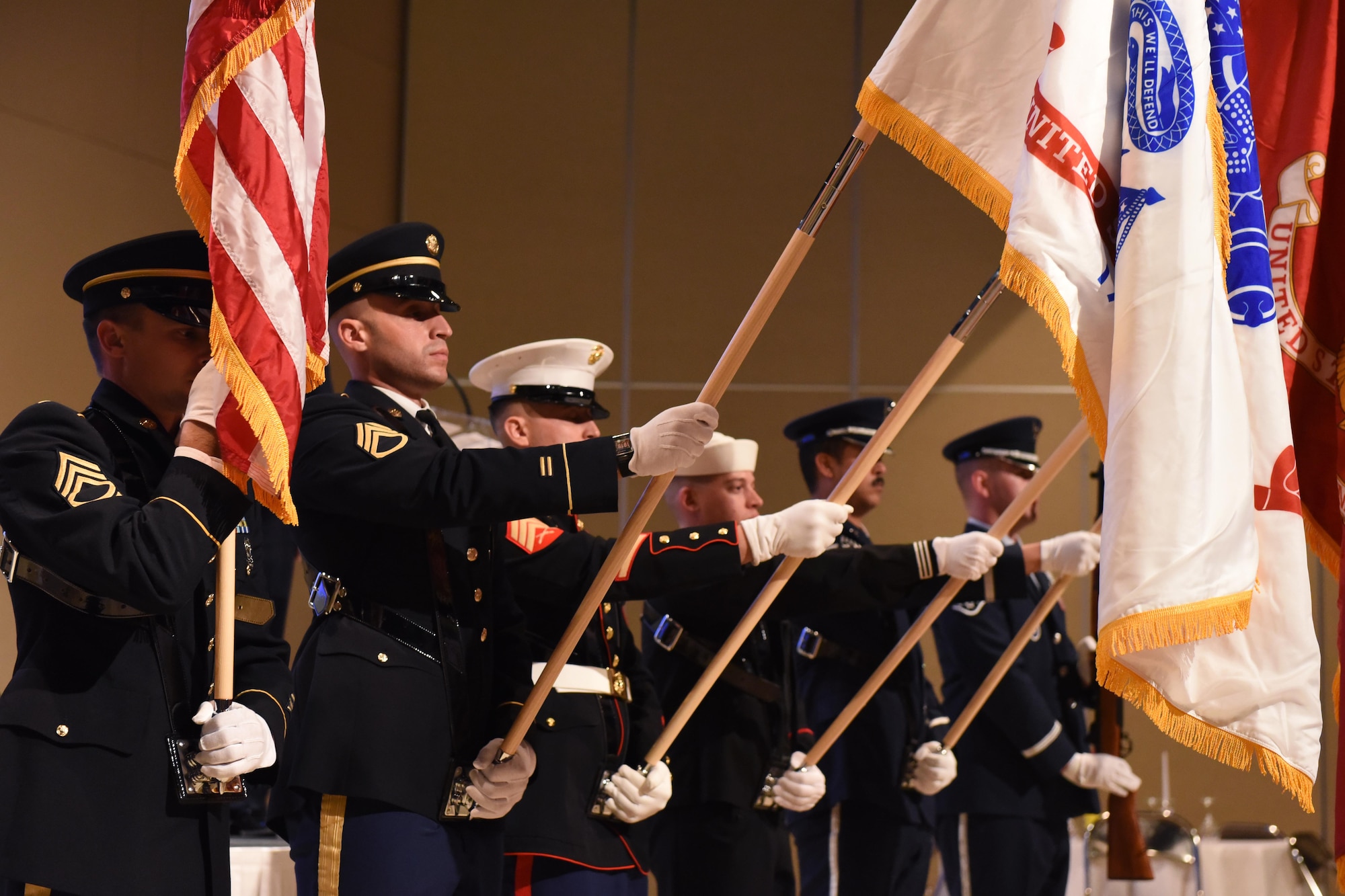 The Goodfellow Joint Service Color Guard presents the flags during the 25th Annual Awards Ceremony at the McNeese Convention Center in San Angelo, Texas, Feb. 9, 2018.  Awards were presented to members of each branch. (U.S. Air Force photo by Airman 1st Class Zachary Chapman)