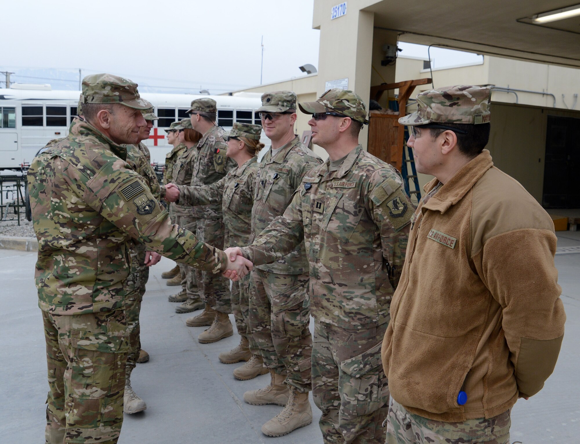 Gen. Mike Holmes, commander of Air Combat Command, visits Airmen from the 455th Air Expeditionary Wing Feb. 9, 2018 at Bagram Airfield, Afghanistan.