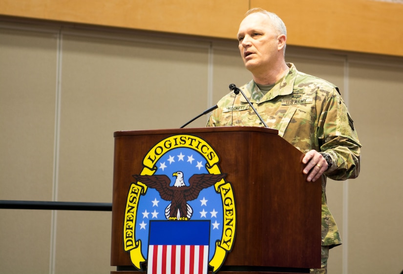 Maj. Gen. Bruce Hackett, commanding general of the 80th Training Command, speaks at the command's change of responsibility ceremony held at the Defense Supply Center Richmond, Virginia, during the 80th TC Commander's Readiness Workshop Feb. 8, 2018.  At the ceremony, the outgoing senior leader Command Sgt. Maj. Jeffrey Darlington handed over the reins to the incoming senior leader Command Sgt. Maj. Dennis Thomas. (U.S. Army Reserve Photo by Maj. Addie Leonhardt)