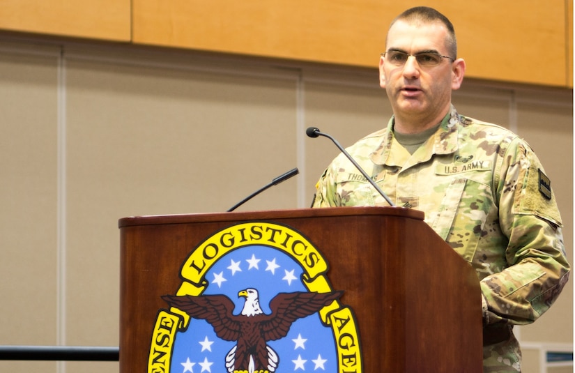 The 80th Training Command's new senior enlisted leader Command Sgt. Maj. Dennis Thomas speaks at the 80th's change of responsibility ceremony held at the Defense Supply Center Richmond, Virginia, during the 80th TC Commander's Readiness Workshop Feb. 8, 2018.  At the ceremony, Thomas accepted the position from outgoing senior leader Command Sgt. Maj. Jeffrey Darlington. (U.S. Army Reserve Photo by Maj. Addie Leonhardt)