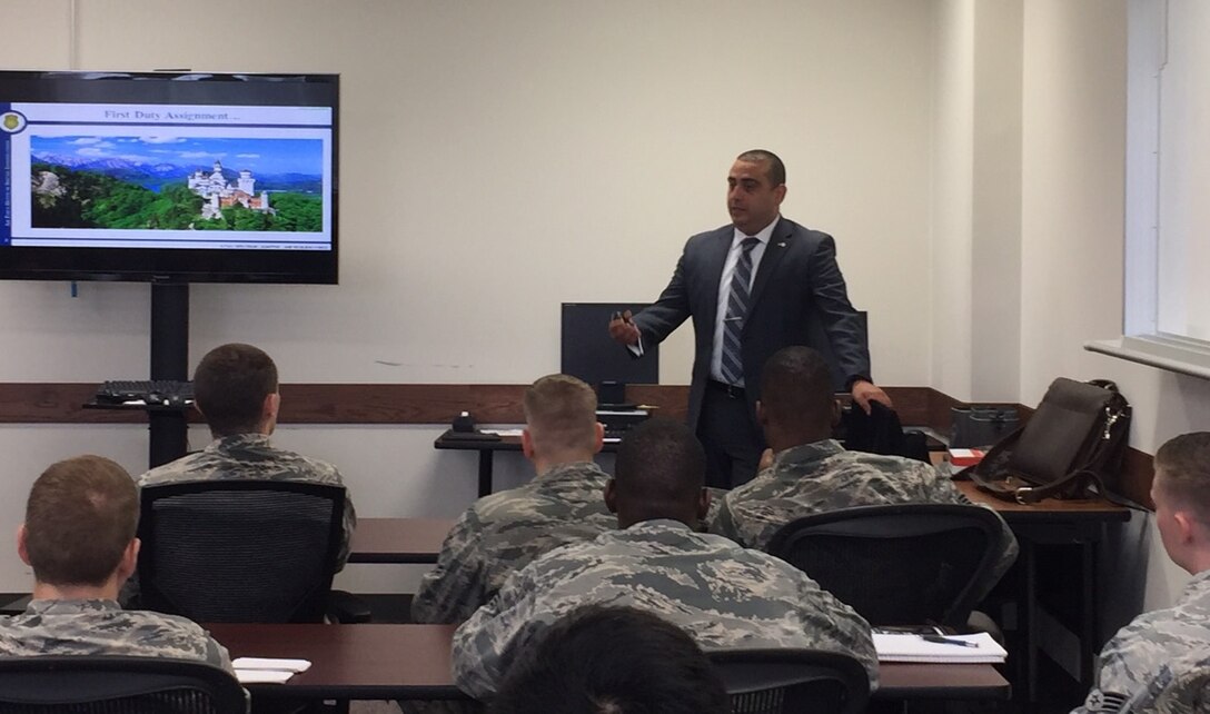 AFOSI SA Dan Chaale briefs Airmen at Yokota AB, Japan, on the opportunities AFOSI offers during an OSI Recruiting Roadshow in the summer of 2017. (USAF photo submitted by SA Dan Chaale)