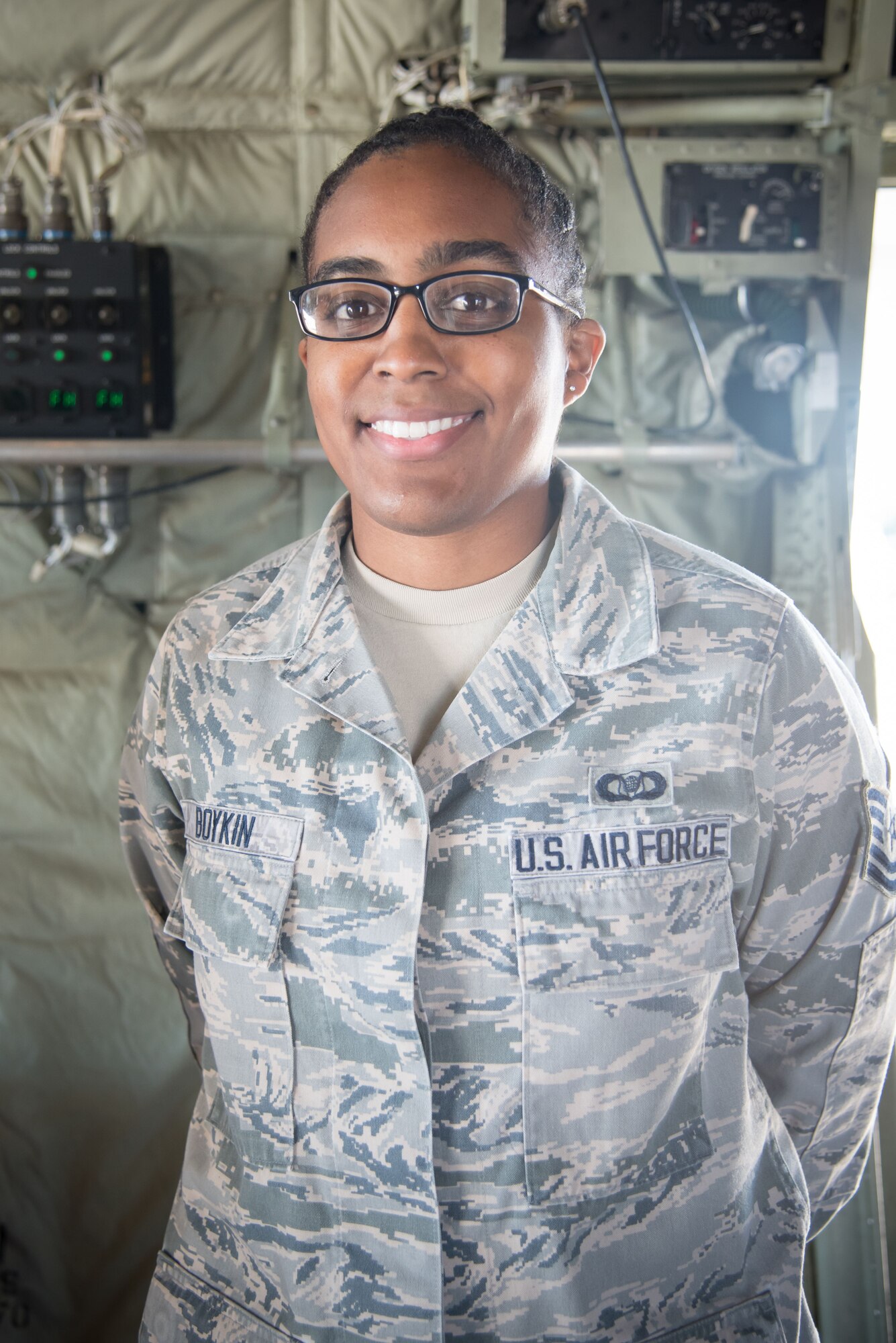 Tech. Sgt. Jeranda Boykin, 815th Airlift Squadron aviation resource management operations technician, poses for a photo on a C-130J Super Hercules aircraft Oct. 25, 2017 at Keesler Air Force Base, Mississippi. (U.S. Air Force photo/Staff Sgt. Heather Heiney)