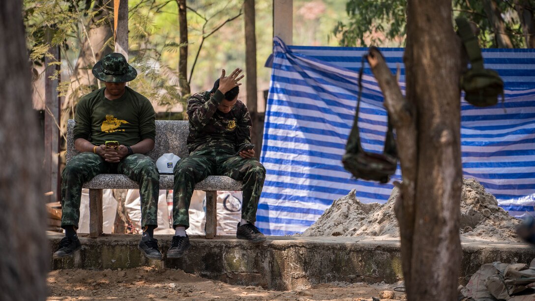 Royal Thai Army soldiers take a break during construction of a school building in support of Exercise Cobra Gold 2018 at Nongphipadungkitwittaya School in Korat, Kingdom of Thailand, Feb. 7, 2018. Humanitarian civic assistance projects conducted during the exercise support the needs and humanitarian interests of the Thai people. Cobra Gold 18 is an annual exercise conducted in the Kingdom of Thailand held from Feb. 13-23 with seven full participating nations.