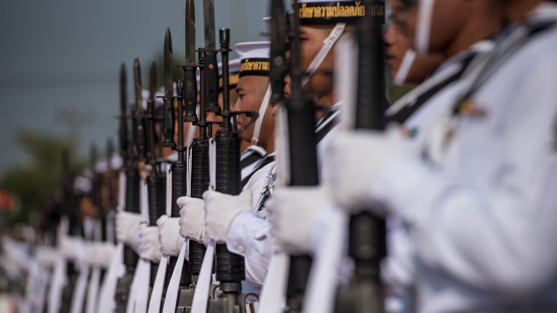 Marines from the Royal Thai Marine Corps Secuity Regiment stand in formation Feb. 13, 2018, during the opening ceremony of Exercise Cobra Gold 2018 at U-Tapao International Airport, Ban Chang district, Rayong province, Thailand. Exercise Cobra Gold, in its 37th iteration, is designed to advance regional security and ensure effective responses to regional crises by bringing together a robust multinational force to address shared goals and security commitments in the Indo-Pacific region. The annual exercise is conducted in the Kingdom of Thailand held from Feb. 13-23 with seven full participating nations.