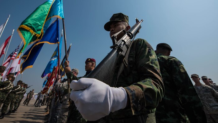 Forces from all seven nations participating in Exercise Cobra Gold 2018 stand in formation during the opening ceremony Feb. 13, 2018, at U-Tapao International Airport, Ban Chang district, Rayong province, Thailand. Exercise Cobra Gold, in its 37th iteration, is designed to advance regional security and ensure effective responses to regional crises by bringing together a robust multinational force to address shared goals and security commitments in the Indo-Pacific region. The annual exercise is conducted in the Kingdom of Thailand held from Feb. 13-23 with seven full participating nations.
