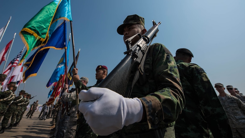 Forces from all seven nations participating in Exercise Cobra Gold 2018 stand in formation during the opening ceremony Feb. 13, 2018, at U-Tapao International Airport, Ban Chang district, Rayong province, Thailand. Exercise Cobra Gold, in its 37th iteration, is designed to advance regional security and ensure effective responses to regional crises by bringing together a robust multinational force to address shared goals and security commitments in the Indo-Pacific region. The annual exercise is conducted in the Kingdom of Thailand held from Feb. 13-23 with seven full participating nations.