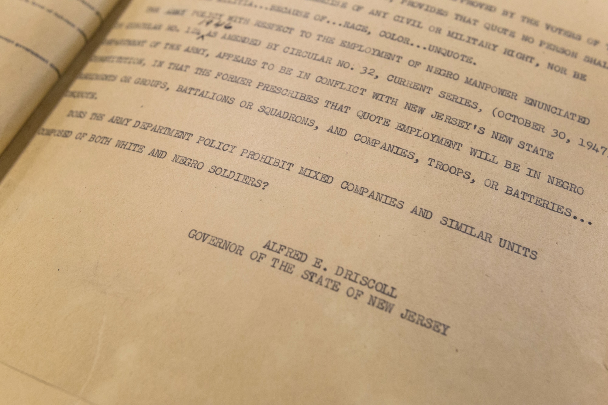 Telegram sent from New Jersey Governor Alfred E. Driscoll to James V. Forrestal, Secretary of Defense on Dec. 16, 1947, asking: “Does the Army Department Policy prohibit mixed companies and similar units composed of both white and negro soldiers?” New Jersey had passed a new constitution in 1947 that ended segregation in the New Jersey National Guard. Army policy at the time prohibited racially mixed units. (New Jersey National Guard photo by Mark C. Olsen)