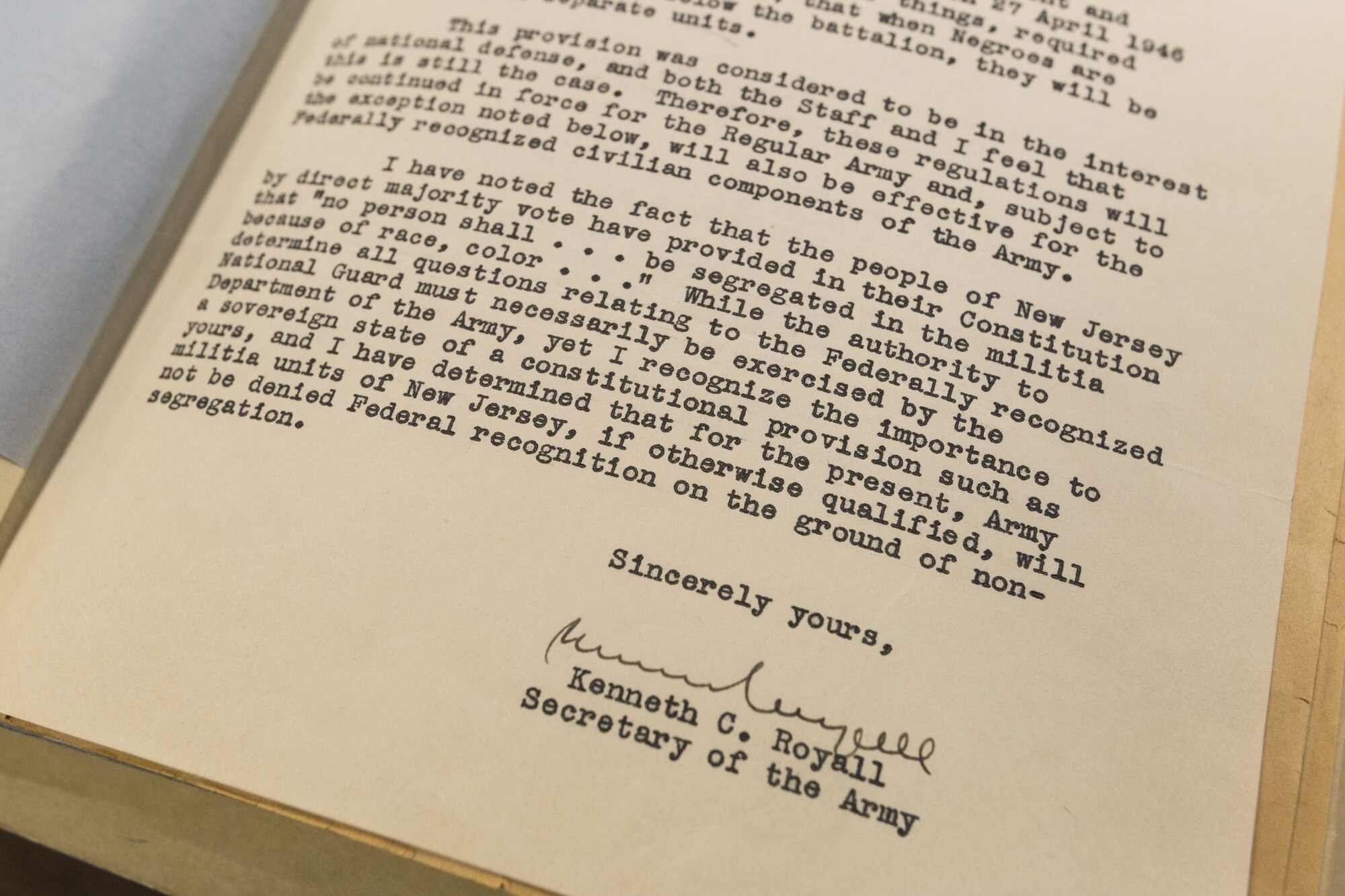 Letter from Kenneth C. Royall, Secretary of the Army, sent to New Jersey Governor Alfred E. Driscoll on Feb. 7, 1948, authorizing racially mixed units in the New Jersey Army National Guard. This made the New Jersey National Guard the first federally recognized military component to be integrated. (New Jersey National Guard photo by Mark C. Olsen)